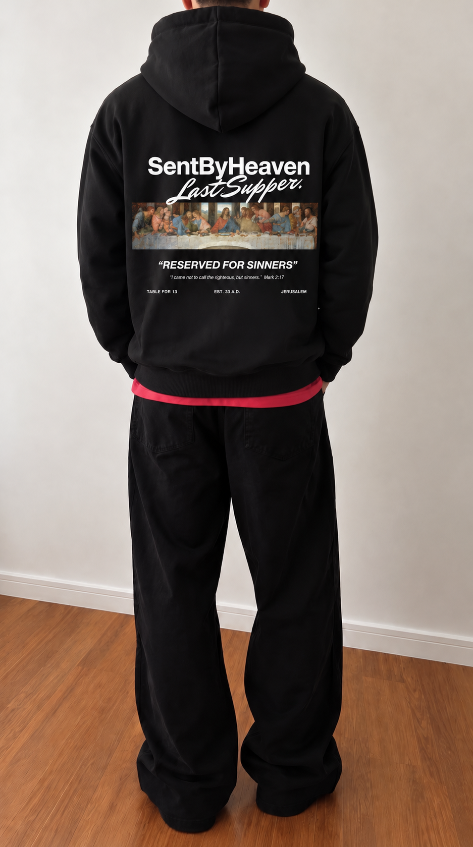 Last Supper Heavyweight Hoodie in Schwarz getragen – Rückenansicht