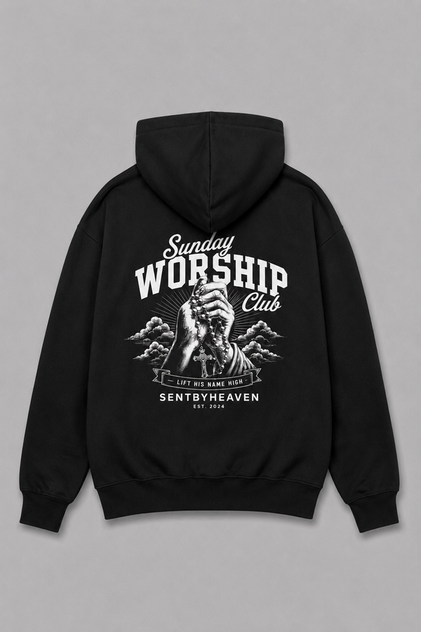 Sunday Worship Club Lift his name high Heavyweight Hoodie – Hover