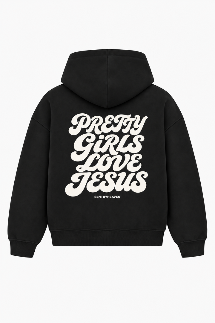 Pretty Girls Love Jesus Heavyweight Hoodie – Christian Hoodie by SentByHeaven, image 1