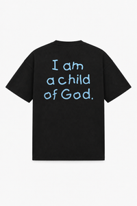 I Am A Child Of God Tee Schwarz – Rückenprint Babyblau